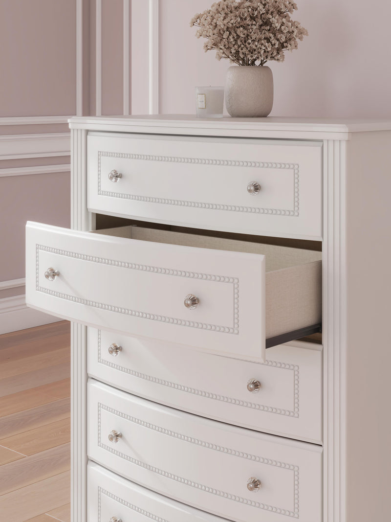 Kozlani Full Upholstered Panel Bed, Dresser and Chest in White - PKG023804