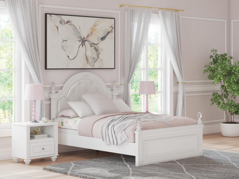 Kozlani Full Upholstered Panel Bed, Dresser, Mirror and Nightstand in White - PKG023802