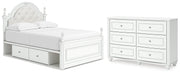 Kozlani Full Upholstered Panel Storage Bed and Dresser in White - PKG023810
