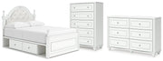Kozlani Full Upholstered Panel Storage Bed, Dresser and Chest in White - PKG023814