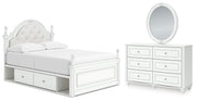 Kozlani Full Upholstered Panel Storage Bed, Dresser and Mirror in White - PKG023811