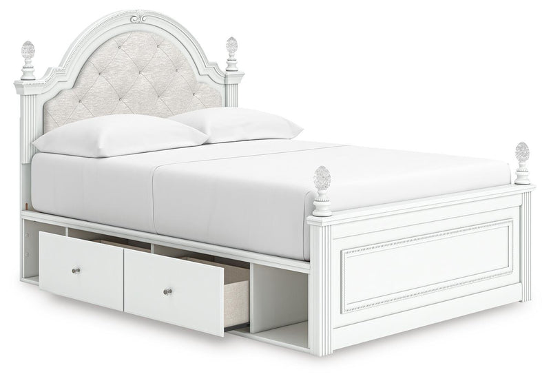 Kozlani Full Upholstered Panel Storage Bed, Dresser and Mirror in White - PKG023811