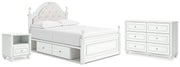 Kozlani Full Upholstered Panel Storage Bed, Dresser and Nightstand in White - PKG023813