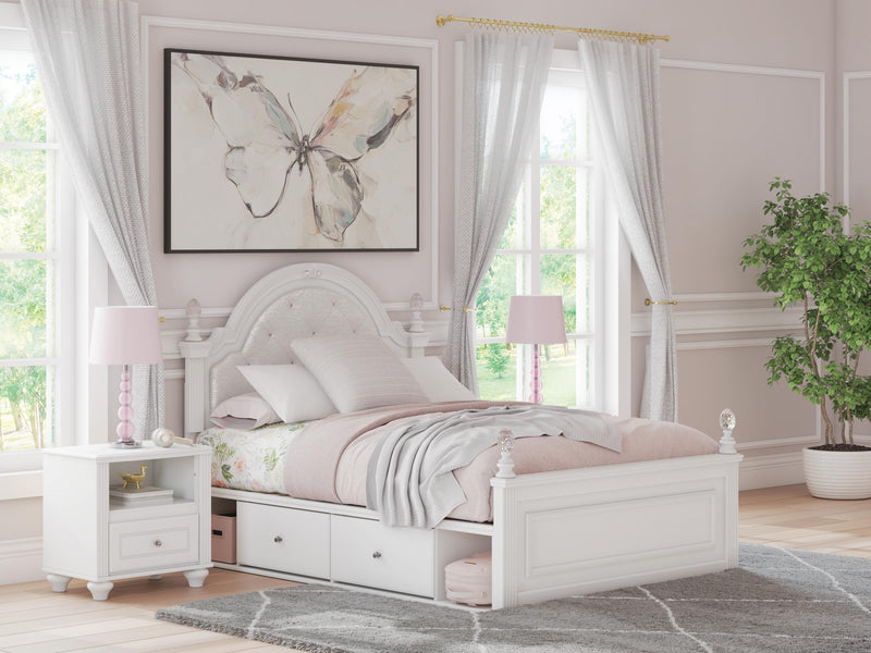 Kozlani Full Upholstered Panel Storage Bed, Dresser and Nightstand in White - PKG023813