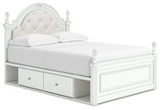Kozlani Full Upholstered Panel Storage Bed, Dresser, Mirror and Nightstand in White - PKG023812