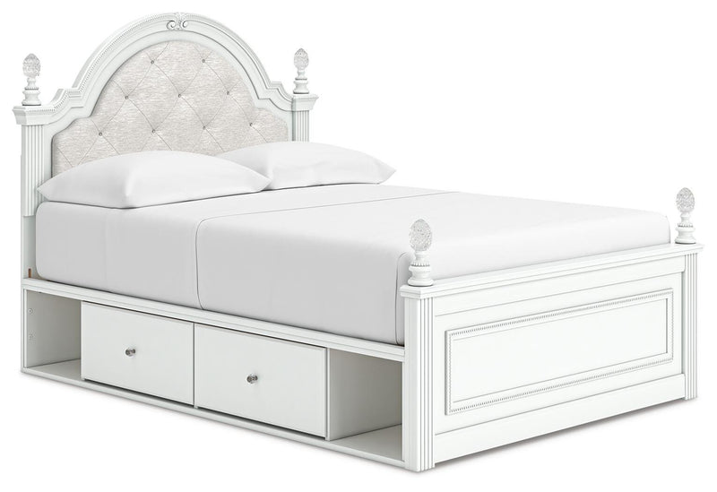 Kozlani Full Upholstered Panel Storage Bed, Dresser, Mirror and Nightstand in White - PKG023812