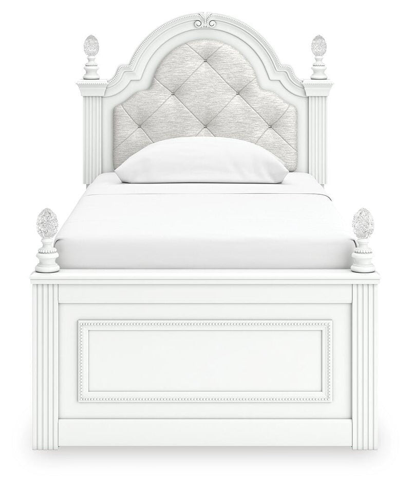 Kozlani Twin Upholstered Panel Bed and Dresser in White - PKG023795