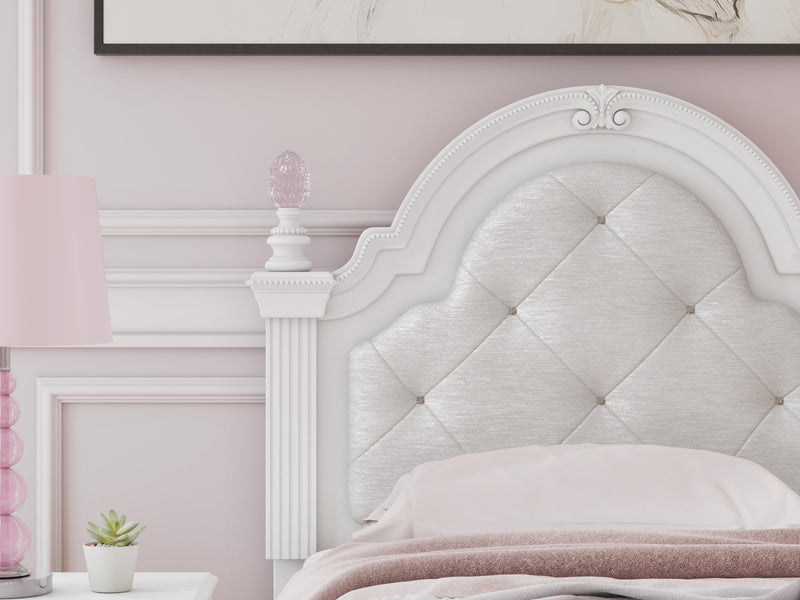 Kozlani Twin Upholstered Panel Bed and Dresser in White - PKG023795
