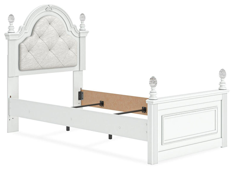 Kozlani Twin Upholstered Panel Bed, Dresser and Chest in White - PKG023799