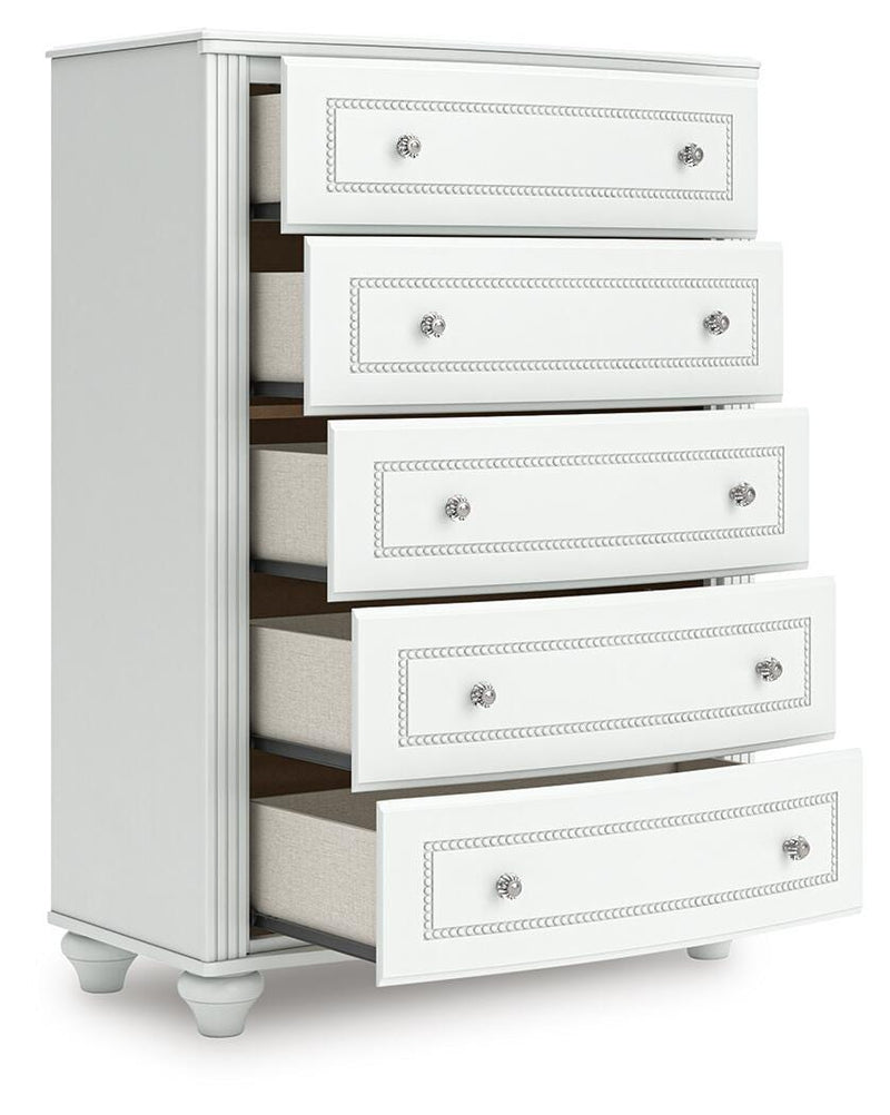 Kozlani Twin Upholstered Panel Bed, Dresser and Chest in White - PKG023799