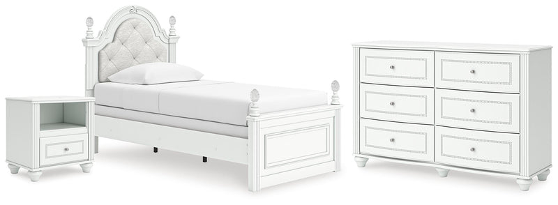 Kozlani Twin Upholstered Panel Bed, Dresser and Nightstand in White - PKG023798