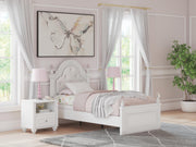 Kozlani Twin Upholstered Panel Bed, Dresser, Mirror and Nightstand in White - PKG023797