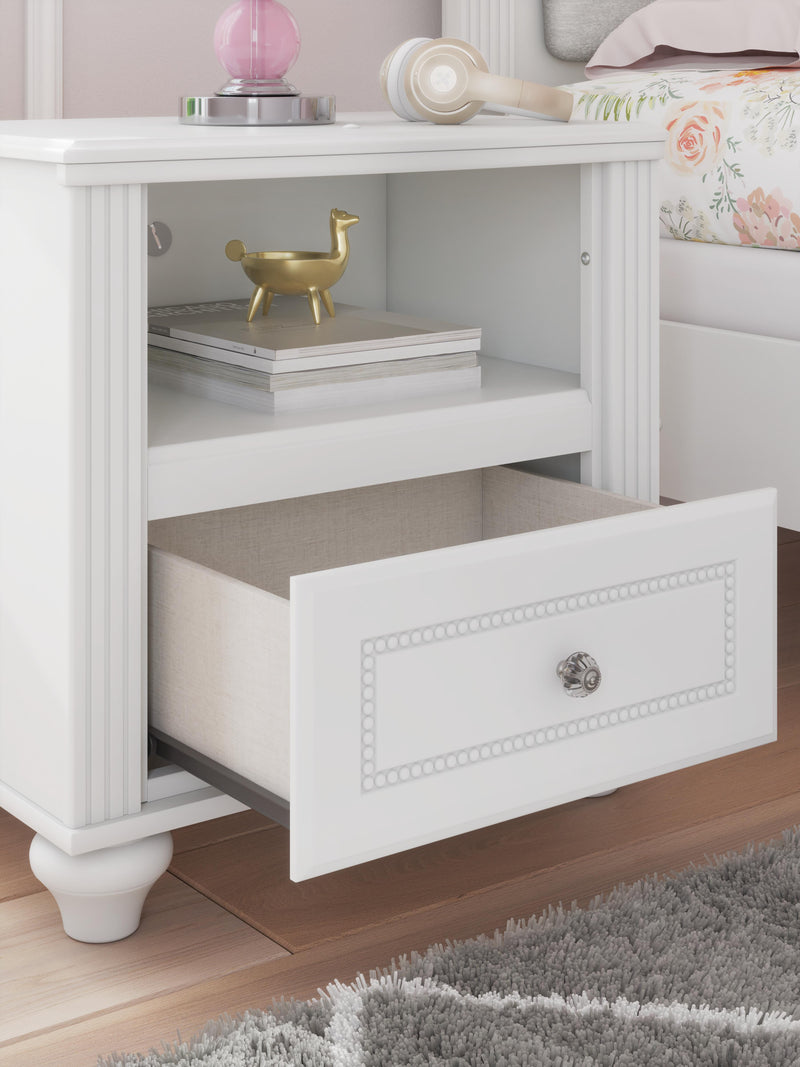 Kozlani Twin Upholstered Panel Bed, Dresser, Mirror and Nightstand in White - PKG023797