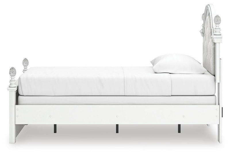 Kozlani Twin Upholstered Panel Bed, Dresser, Mirror and Nightstand in White - PKG023797
