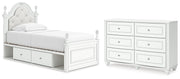 Kozlani Twin Upholstered Panel Storage Bed and Dresser in White - PKG023805