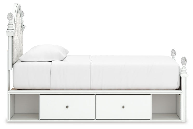 Kozlani Twin Upholstered Panel Storage Bed, Dresser and Chest in White - PKG023809
