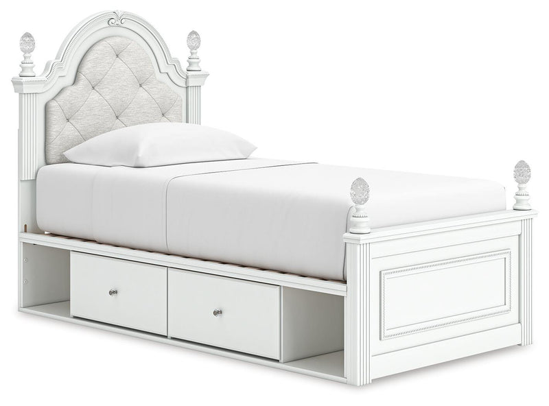 Kozlani Twin Upholstered Panel Storage Bed, Dresser and Mirror in White - PKG023806