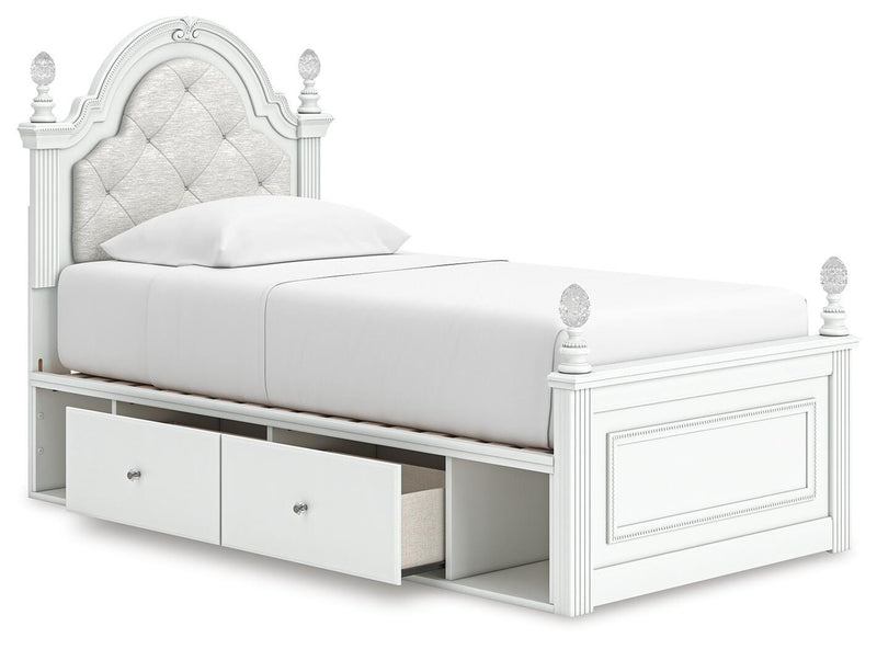 Kozlani Twin Upholstered Panel Storage Bed, Dresser and Mirror in White - PKG023806