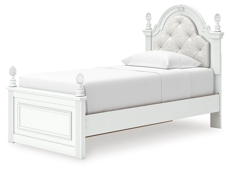 Kozlani Twin Upholstered Panel Storage Bed, Dresser, Mirror and Nightstand in White - PKG023807