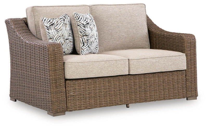 Laguna Heights Outdoor Sofa and Loveseat with Coffee Table in Beige - PKG024605