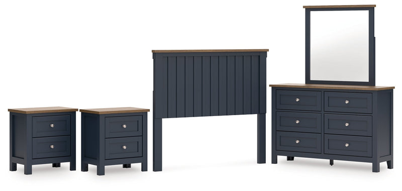 Landocken Full Panel Headboard with Mirrored Dresser and 2 Nightstands in Brown/Blue from Ashley - DMV Furniture