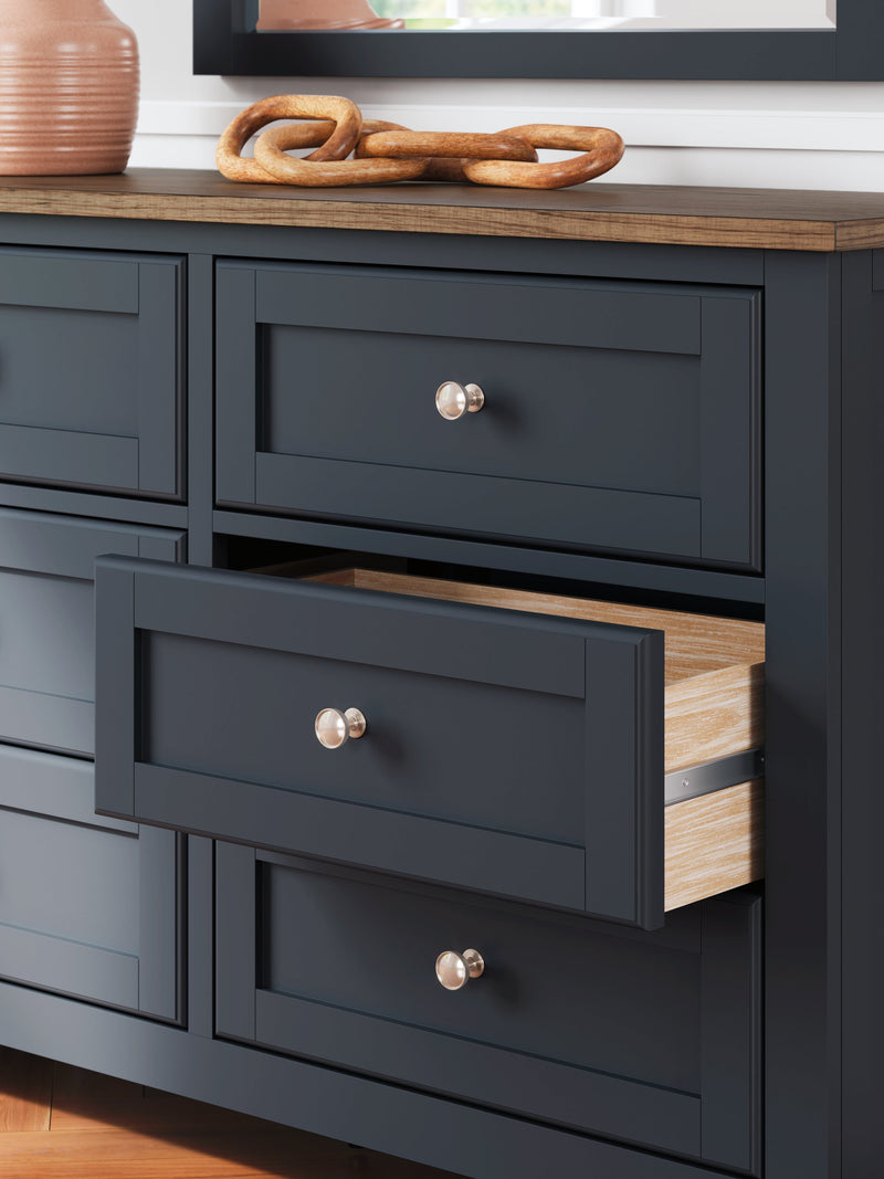 Landocken Full Panel Headboard with Mirrored Dresser and 2 Nightstands in Brown/Blue from Ashley - DMV Furniture