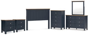 Landocken Queen Panel Headboard with Mirrored Dresser, Chest and 2 Nightstands in Brown/Blue from Ashley - DMV Furniture
