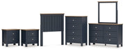 Landocken Twin Panel Headboard with Mirrored Dresser, Chest and 2 Nightstands in Brown/Blue from Ashley - DMV Furniture