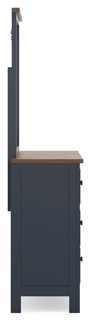 Landocken Twin Panel Headboard with Mirrored Dresser in Brown/Blue from Ashley - DMV Furniture