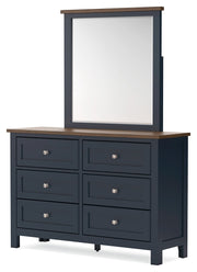 Landocken Twin Panel Headboard with Mirrored Dresser in Brown/Blue from Ashley - DMV Furniture