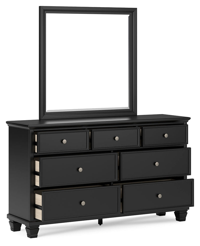 Lanolee California King Panel Bed with Mirrored Dresser and 2 Nightstands in Black - PKG015230
