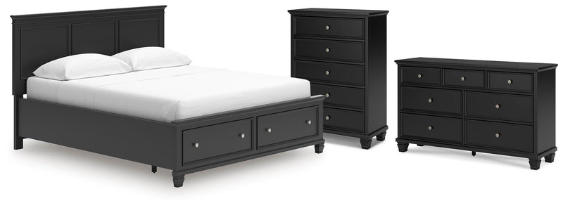 Lanolee California King Panel Storage Bed, Dresser and Chest in Black - PKG023926