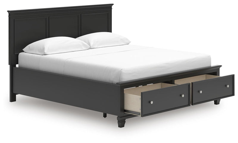 Lanolee California King Panel Storage Bed, Dresser, Mirror and Nightstand in Black - PKG023924