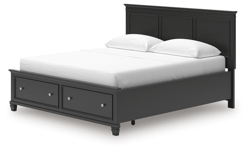 Lanolee California King Panel Storage Bed, Dresser, Mirror and Nightstand in Black - PKG023924