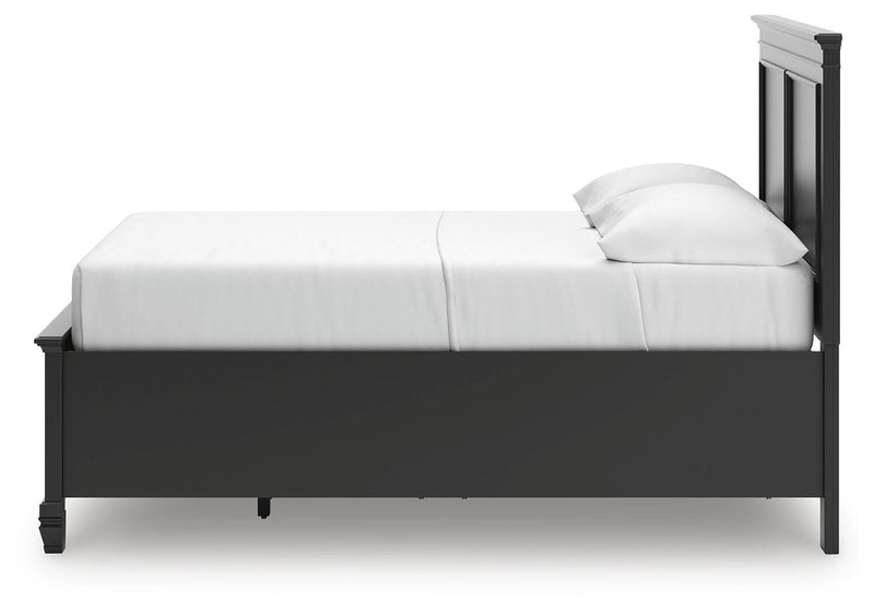 Lanolee Full Panel Storage Bed, Dresser, Mirror and Nightstand in Black - PKG023909