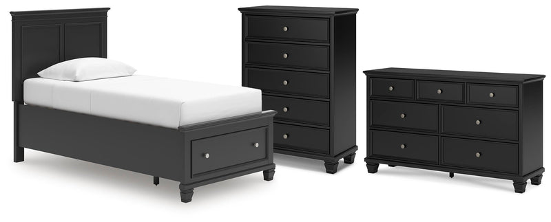 Lanolee Twin Panel Storage Bed, Dresser and Chest in Black - PKG023906