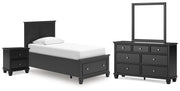 Lanolee Twin Panel Storage Bed, Dresser, Mirror and Nightstand in Black - PKG023904