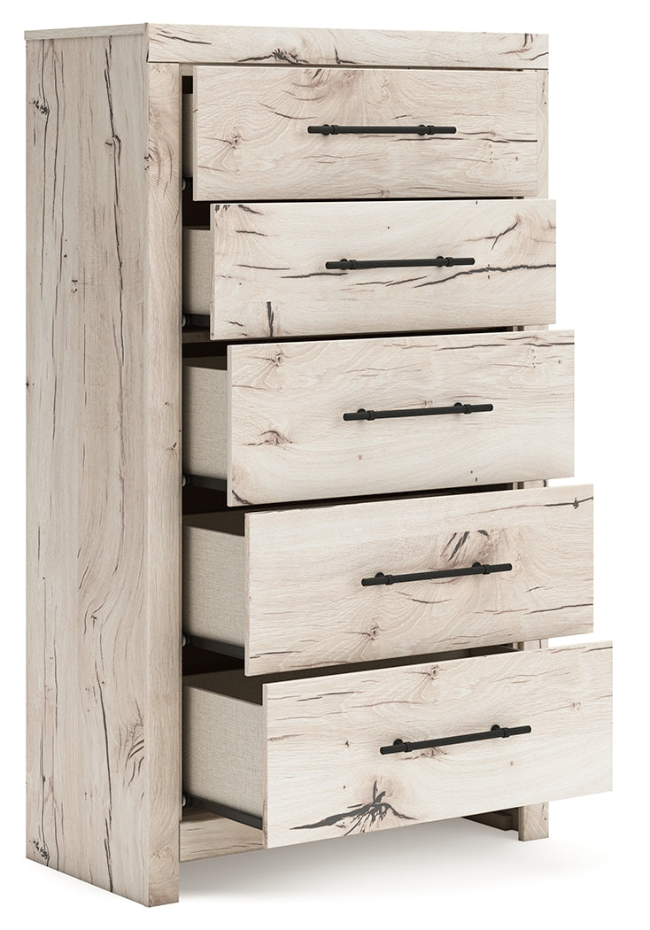 Lawroy Full Panel Bed with Mirrored Dresser, Chest and 2 Nightstands in Light Natural from Ashley - DMV Furniture