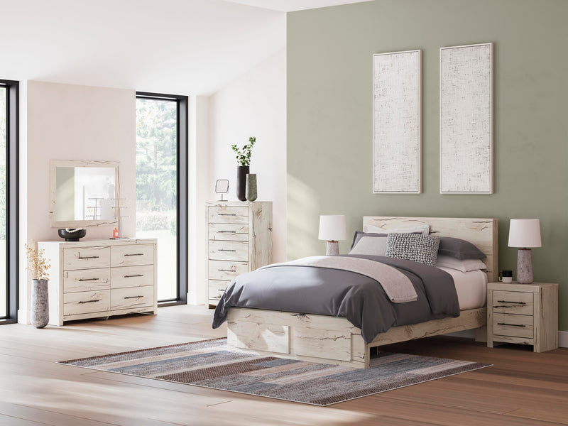 Lawroy Full Panel Storage Bed, Dresser, Mirror, Chest and 2 Nightstands in Light Natural - PKG020250