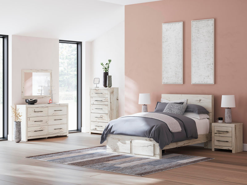 Lawroy Full Panel Storage Bed, Dresser, Mirror, Chest and Nightstand in Light Natural - PKG020235