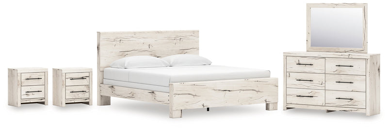 Lawroy King Panel Bed with Mirrored Dresser and 2 Nightstands in Light Natural from Ashley - DMV Furniture