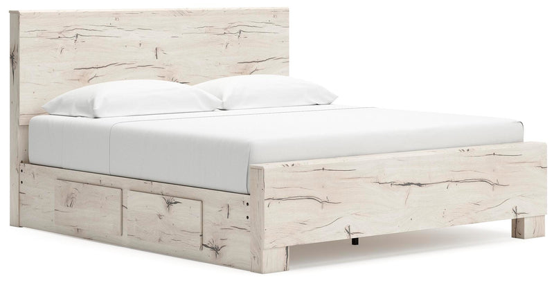 Lawroy King Panel Bed with Storage, Dresser, Mirror, Chest and 2 Nightstands in Light Natural - PKG020187