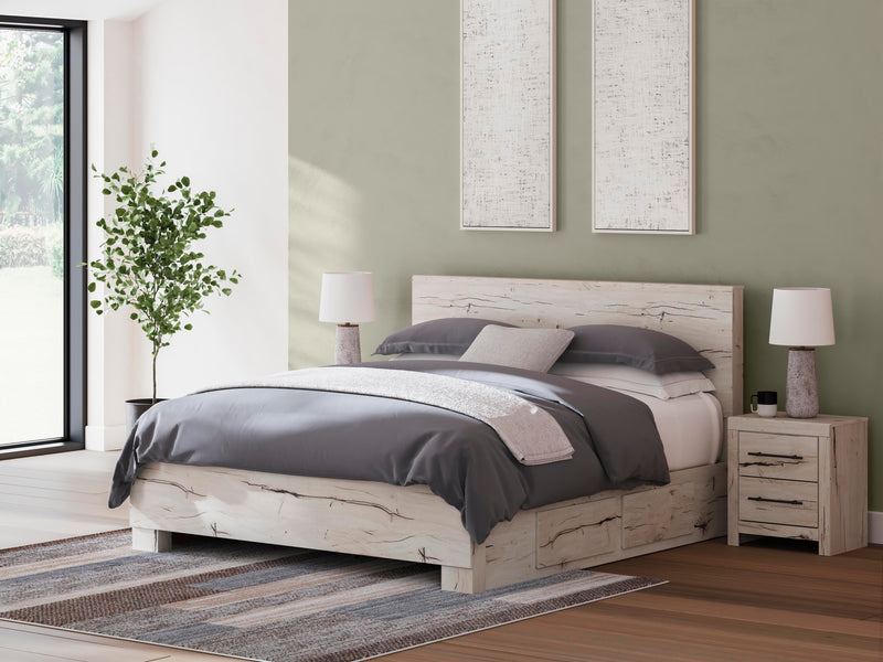 Lawroy King Panel Bed with Storage, Dresser, Mirror, Chest and 2 Nightstands in Light Natural - PKG020196