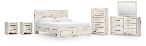 Lawroy King Panel Storage Bed with Mirrored Dresser, Chest and 2 Nightstands in Light Natural from Ashley - DMV Furniture