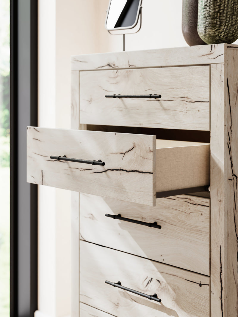 Lawroy King Panel Storage Bed with Mirrored Dresser, Chest and 2 Nightstands in Light Natural from Ashley - DMV Furniture