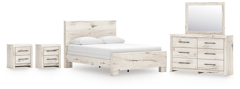 Lawroy Queen Panel Bed with Mirrored Dresser and 2 Nightstands in Light Natural from Ashley - DMV Furniture