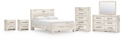Lawroy Queen Panel Bed with Mirrored Dresser, Chest and 2 Nightstands in Light Natural from Ashley - DMV Furniture