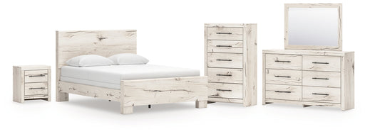 Lawroy Queen Panel Bed with Mirrored Dresser, Chest and Nightstand in Light Natural from Ashley - DMV Furniture