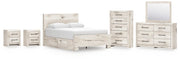 Lawroy Queen Panel Bed with Storage, Dresser, Mirror, Chest and 2 Nightstands in Light Natural - PKG020142