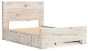 Lawroy Queen Panel Bed with Storage, Dresser, Mirror, Chest and 2 Nightstands in Light Natural - PKG020151
